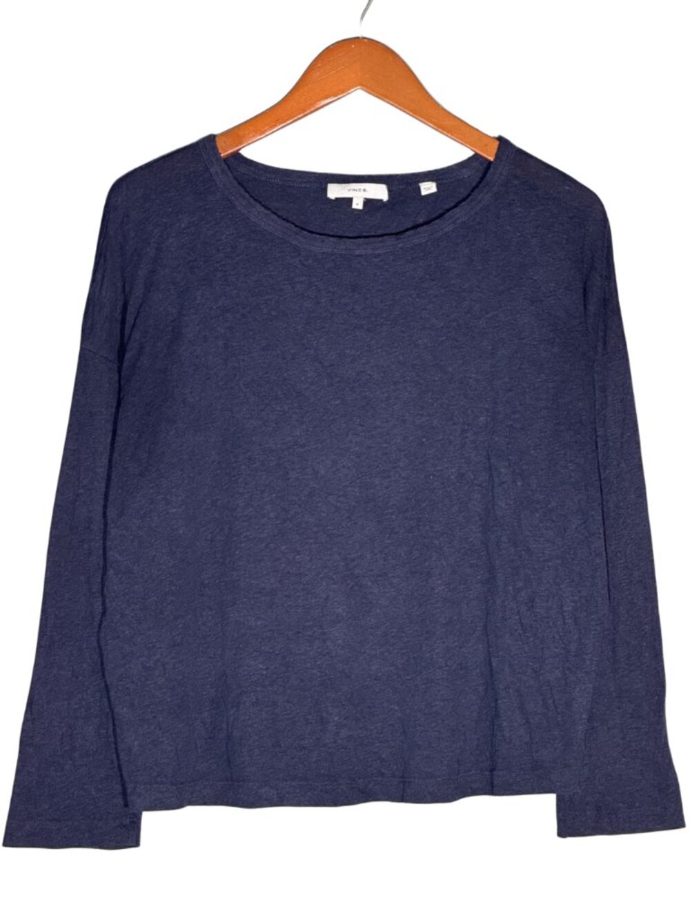 Vince Navy Blue Linen Blend Raw Collar Long Sleeve Top Medium